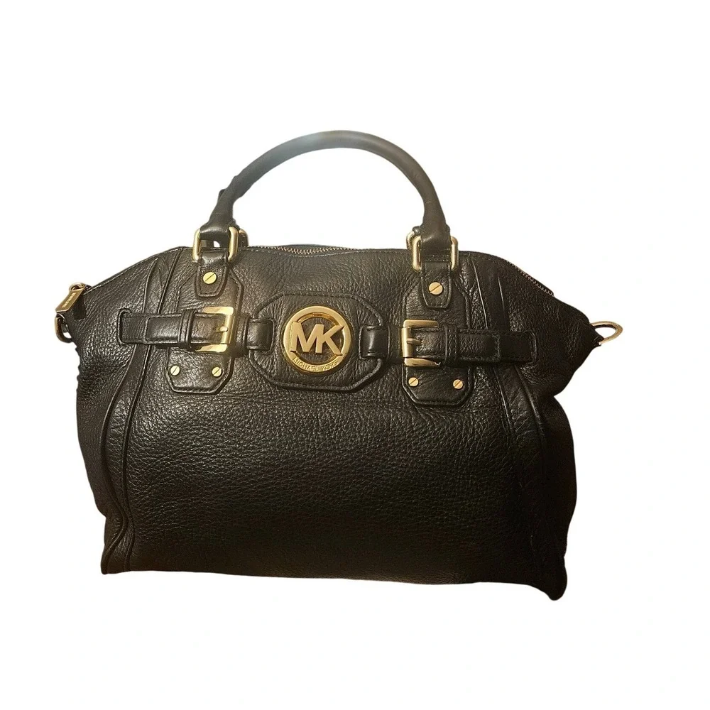 Michael Kors Bedford Black Pebbled Leather Satchel Gold Hardware Handbag
